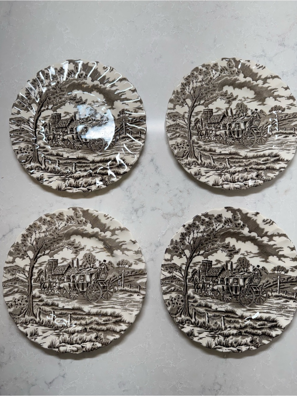 Vintage Brown Scenic Transferware Plate Set of 4- Home Art